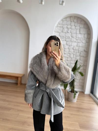Kürklü Gri Kaşe Kaban