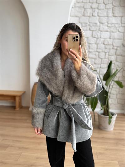 Kürklü Gri Kaşe Kaban