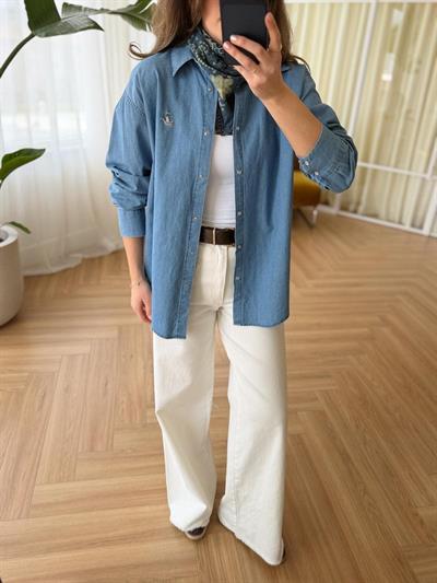 Kuş Nakışlı Denim Gömlek