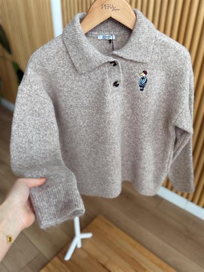 Kuş Nakışlı Polo Yaka Bej Kazak