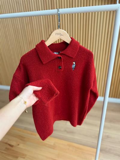 Kuş Nakışlı Polo Yaka Kırmızı Kazak