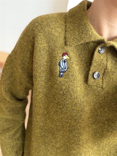 Kuş Nakışlı Polo Yaka Olive Kazak