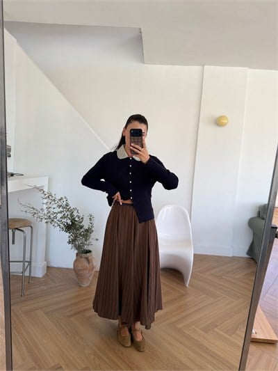 Lacivert Çizgili Kahverengi Astarlı Etek
