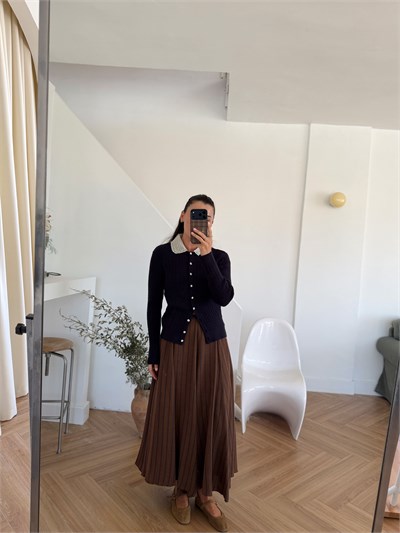 Lacivert Çizgili Kahverengi Astarlı Etek