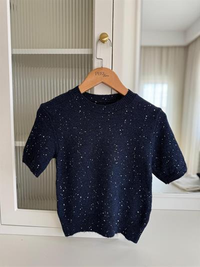 Lacivert Parıltılı Kısa Kollu Triko Bluz