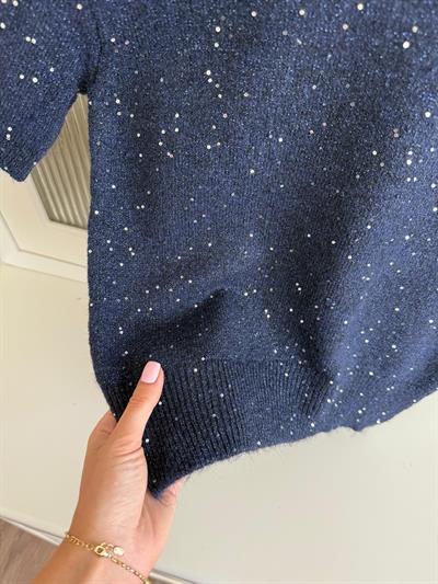Lacivert Parıltılı Kısa Kollu Triko Bluz