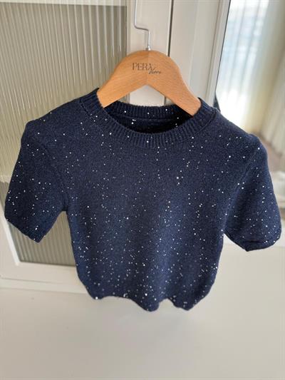 Lacivert Parıltılı Kısa Kollu Triko Bluz