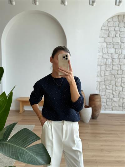 Lacivert Parıltılı Uzun Kollu Triko Bluz