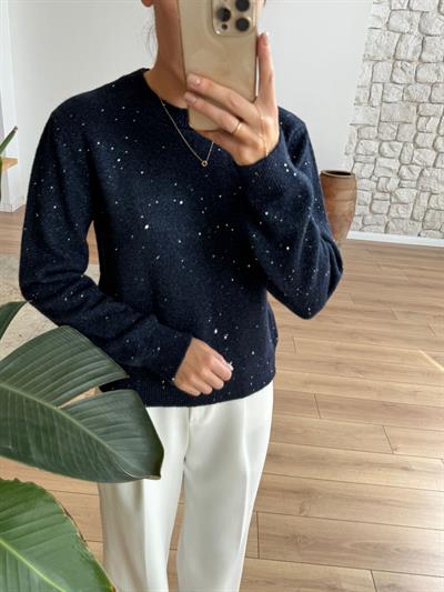 Lacivert Parıltılı Uzun Kollu Triko Bluz