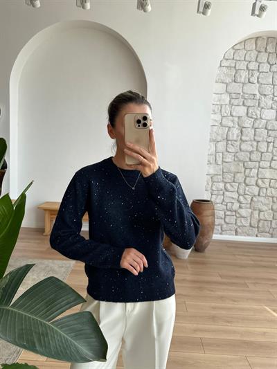 Lacivert Parıltılı Uzun Kollu Triko Bluz