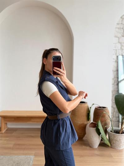 Leoni Lacivert Kemerli Yelek-Pantolon Takım