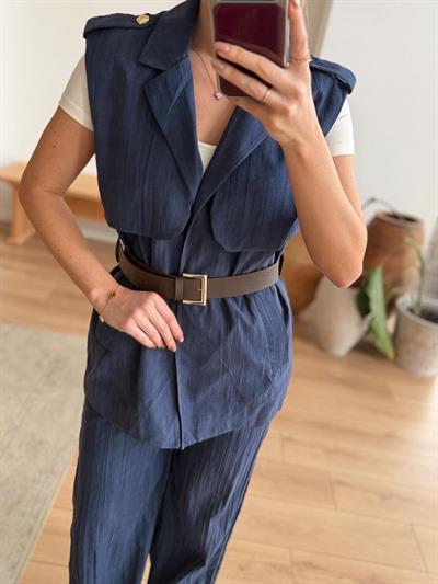 Leoni Lacivert Kemerli Yelek-Pantolon Takım