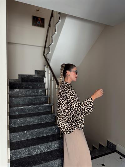 Leopar Desen Saten Bomber Ceket