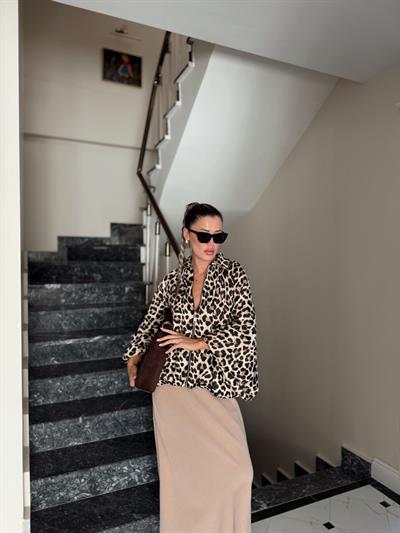 Leopar Desen Saten Bomber Ceket