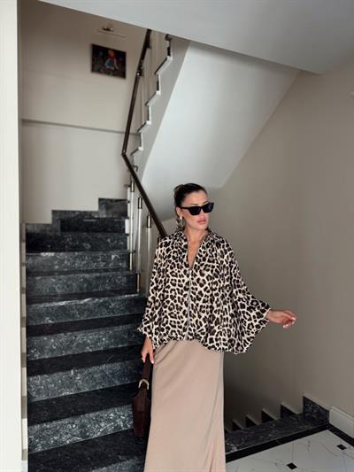 Leopar Desen Saten Bomber Ceket