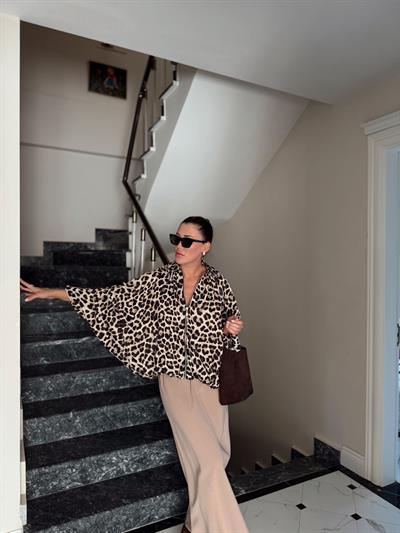 Leopar Desen Saten Bomber Ceket