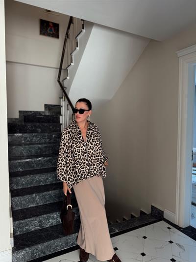 Leopar Desen Saten Bomber Ceket