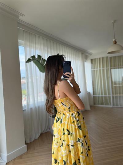 Limon Desenli Askılı Elbise