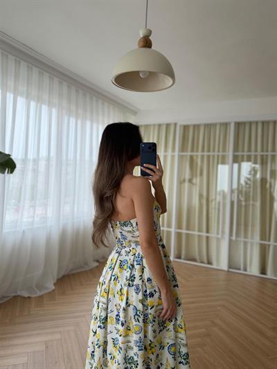 Limon Desenli Straplez Elbise