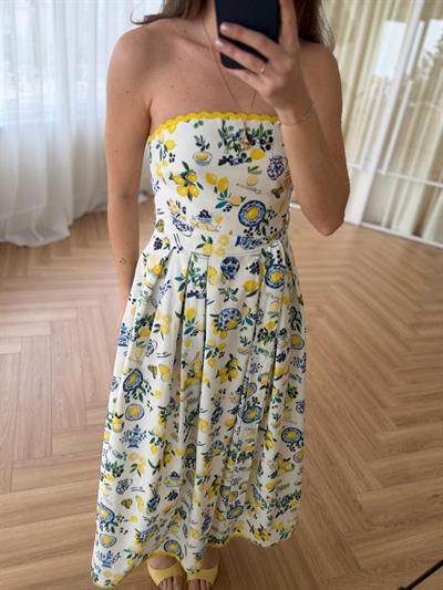 Limon Desenli Straplez Elbise