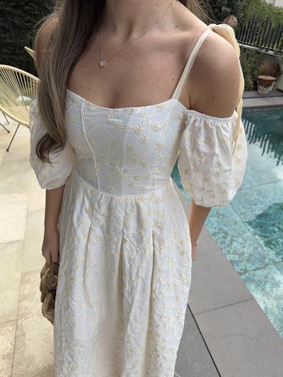 Lina Askılı ve Balon Kollu Nakışlı Elbise
