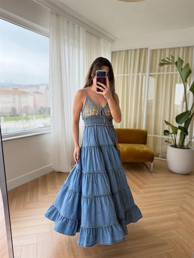 Loi Nakışlı Tensel Denim Elbise