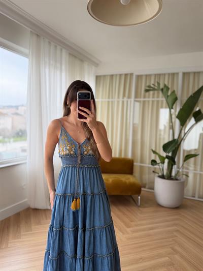 Loi Nakışlı Tensel Denim Elbise