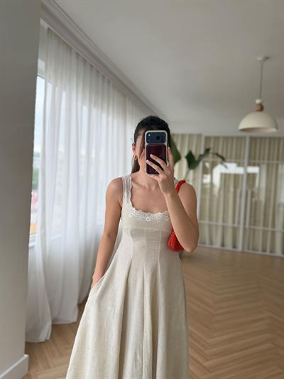 Lola Nakışlı Taş Rengi Elbise
