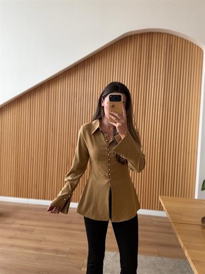 Manşetli Metal Düğmeli Hardal Rengi Gömlek