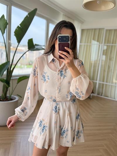 Mavi Çiçekli Şifon Takım