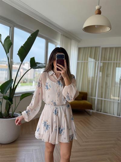 Mavi Çiçekli Şifon Takım