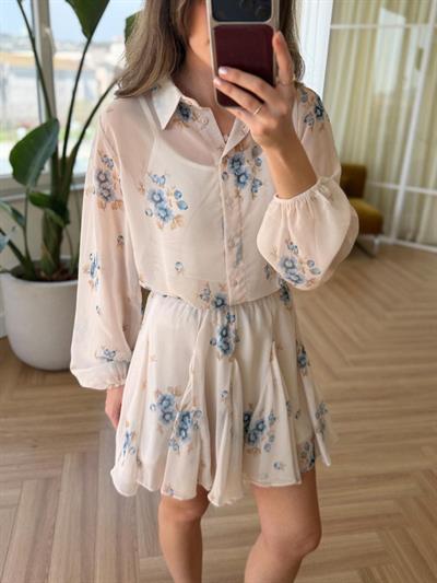 Mavi Çiçekli Şifon Takım