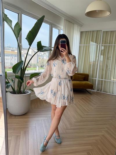 Mavi Çiçekli Şifon Takım