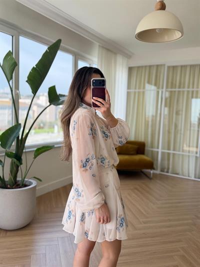 Mavi Çiçekli Şifon Takım