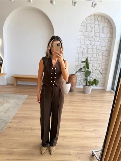 Melina Kahverengi Yelek-Pantolon Takım