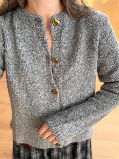 Metal Düğmeli  Buklet Gri Hırka