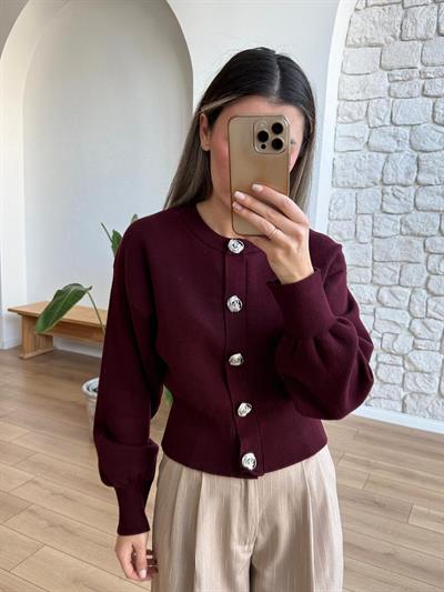 Metal Gül Düğmeli Bordo Hırka
