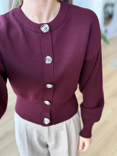 Metal Gül Düğmeli Bordo Hırka