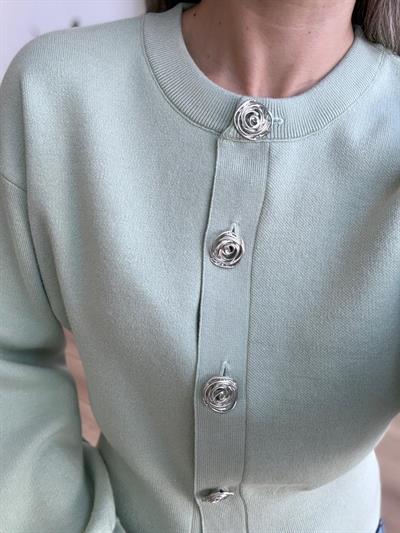 Metal Gül Düğmeli Mint Yeşili Hırka