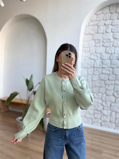 Metal Gül Düğmeli Mint Yeşili Hırka