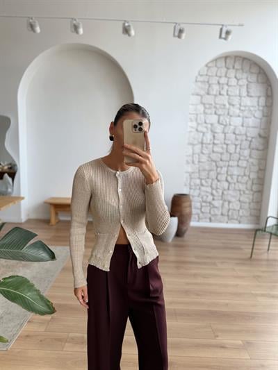 Minik Düğmeli Parıltılı Bej Hırka