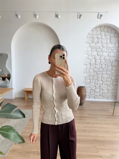 Minik Düğmeli Parıltılı Bej Hırka
