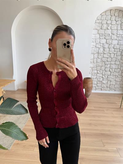 Minik Düğmeli Parıltılı Bordo Hırka
