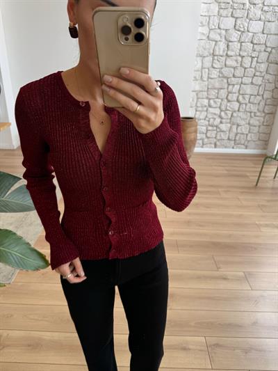 Minik Düğmeli Parıltılı Bordo Hırka