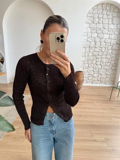 Minik Düğmeli Parıltılı Kahverengi Hırka