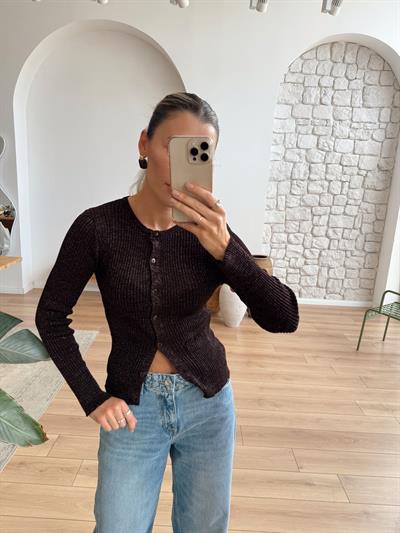 Minik Düğmeli Parıltılı Kahverengi Hırka