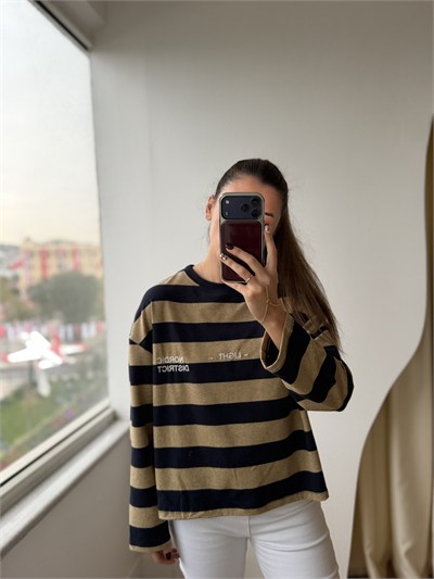 Nakış Yazılı Camel Çizgili Sweat