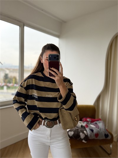 Nakış Yazılı Camel Çizgili Sweat