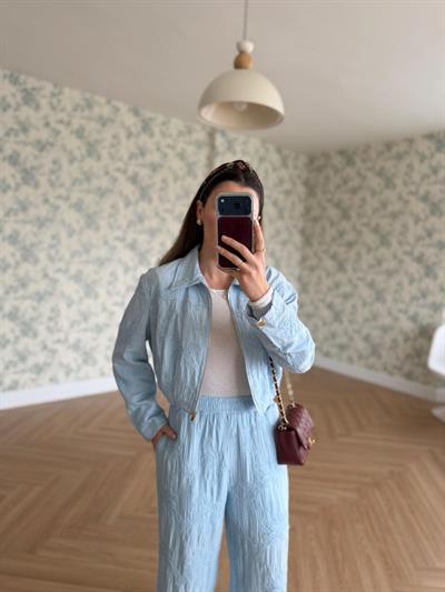 Nakışlı Mavi Ceketli Pantolon Takım