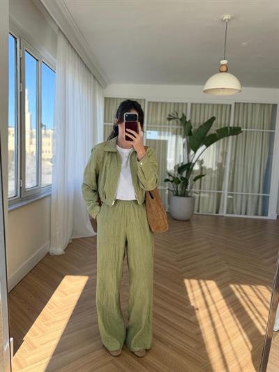 Nakışlı Yeşil Ceketli Pantolon Takım